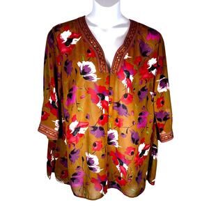 Maggie Barnes 1x plus gold floral blouse button beaded cottage coquette fairy